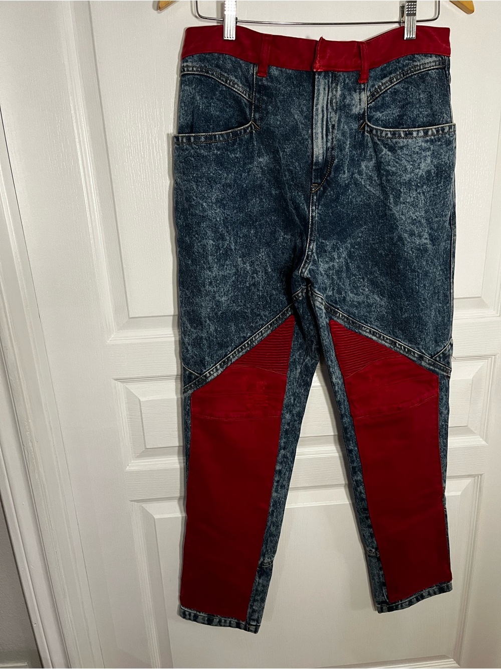 Balmain Paris Men's Acid Wash Blue Denim Jeans with Red Panel Accents 31” Waist